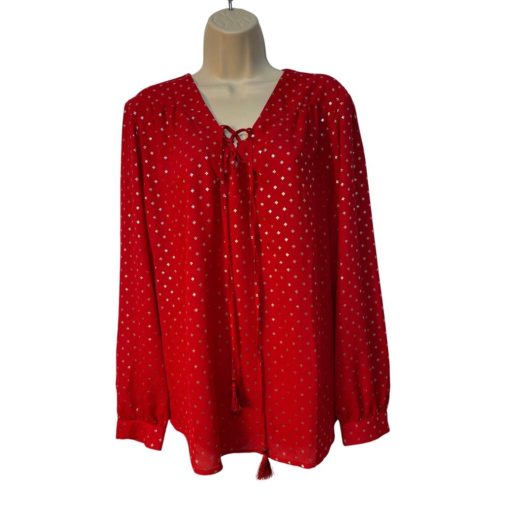 Faded Glory Red/Silver Long Sleeve‎ Tie Up V-Neck Blouse Size XL 16/18 Pre-Owned
